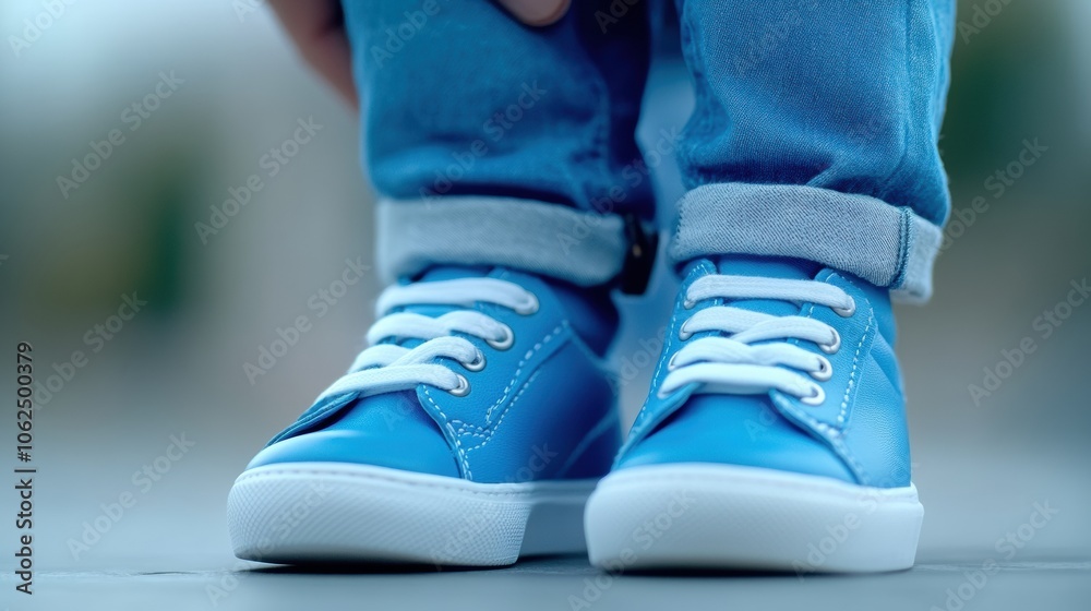 Bright blue sneakers with white laces on a child’s feet, paired with rolled-up jeans, AI Bright blue sneakers with white laces on a child’s feet, paired with rolled-up jeans, AI