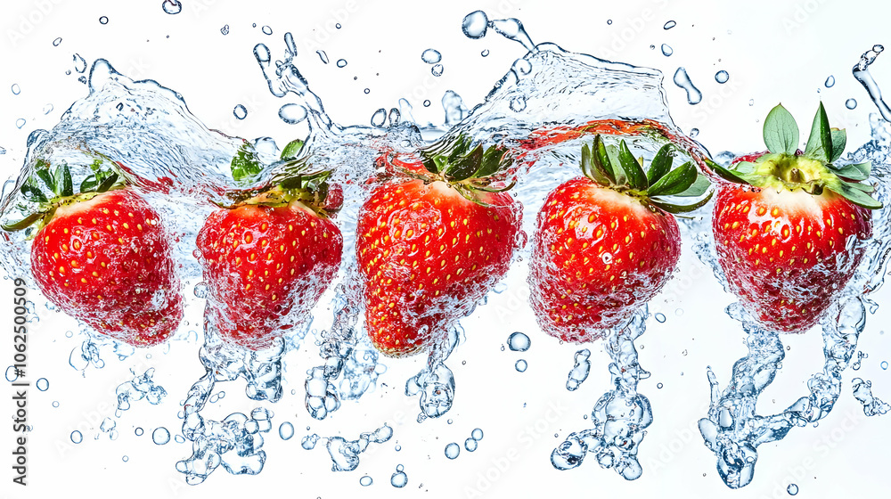 Close up of five fresh strawberries splashing into a clear water with white background. Close up of five fresh strawberries splashing into a clear water with white background.