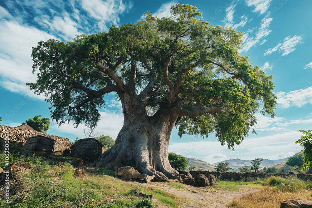 baobab on a savannah in Africa on sunny day, generative AI
