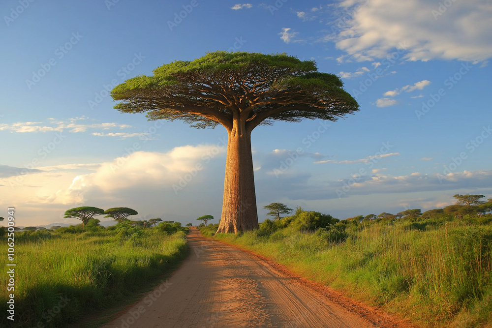 baobab on a savannah in Africa on sunny day, generative AI