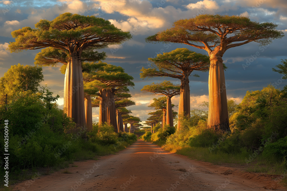 tall beautiful baobabs in the African savannah in Madagascar, generative AI tall beautiful baobabs in the African savannah in Madagascar, generative AI