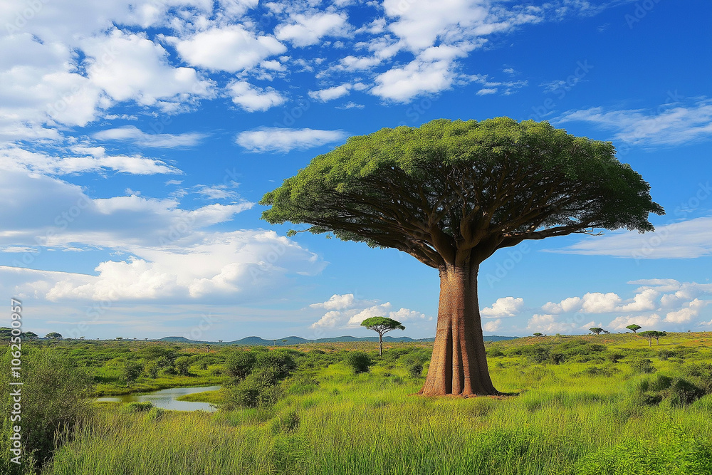 baobab on a savannah in Africa on sunny day, generative AI