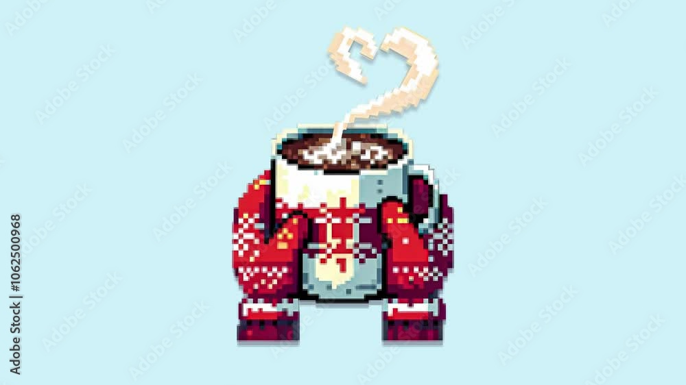 hands holding a cup of hot chocolate with heart-shaped steam, cute Christmas pixel animation hands holding a cup of hot chocolate with heart-shaped steam, cute Christmas pixel animation