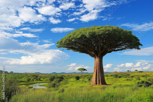 Obraz na płótnie baobab on a savannah in Africa on sunny day, generative AI w salonie