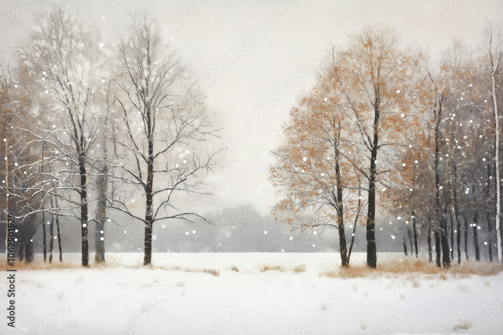 snowy winter daytime landscape with snowy trees and falling snow, generative AI snowy winter daytime landscape with snowy trees and falling snow, generative AI