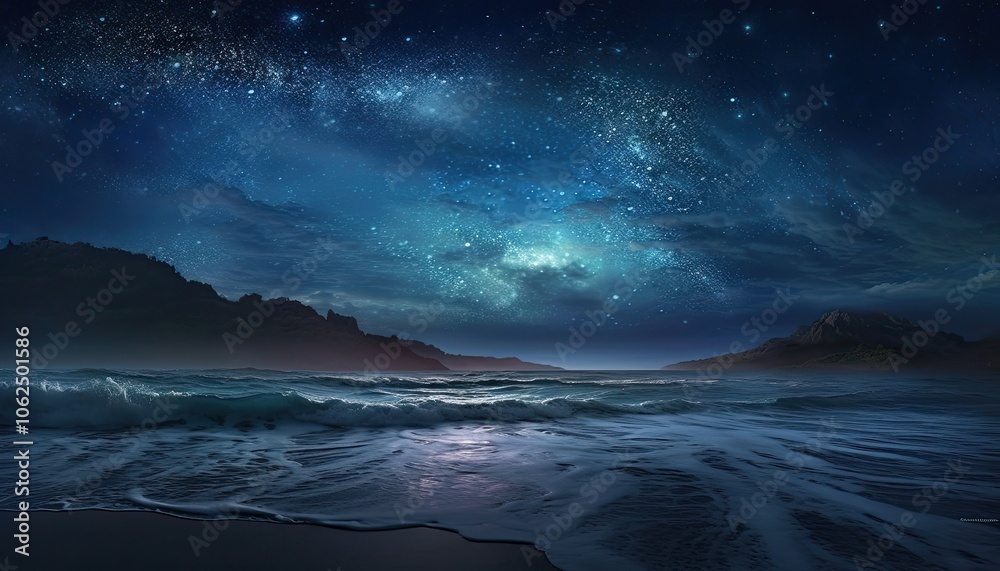 Naklejka premium Ethereal cosmic scene with multitude of stars twinkling in the night sky, representing celestial wonder and infinite possibilities within the universe.