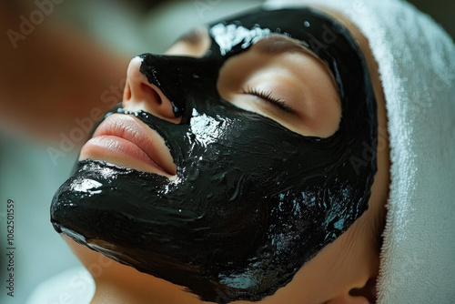 Woman applying a face mask in a serene spa setting, surrounded by soft lighting and lush green plants, creating a soothing and rejuvenating atmosphere. photo