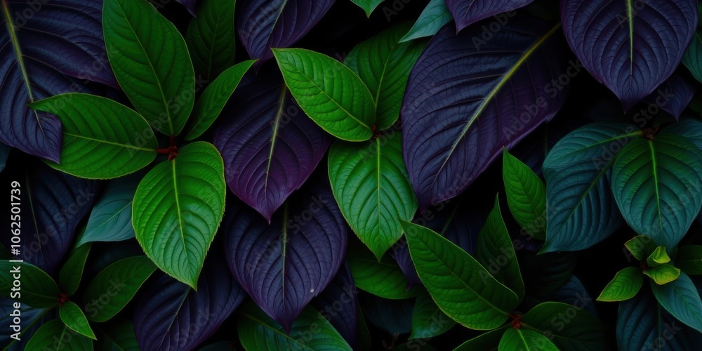 A close-up image of lush tropical leaves with dark purple foliage providing a botanical nature background, plant, exotic A close-up image of lush tropical leaves with dark purple foliage providing a botanical nature background, plant, exotic