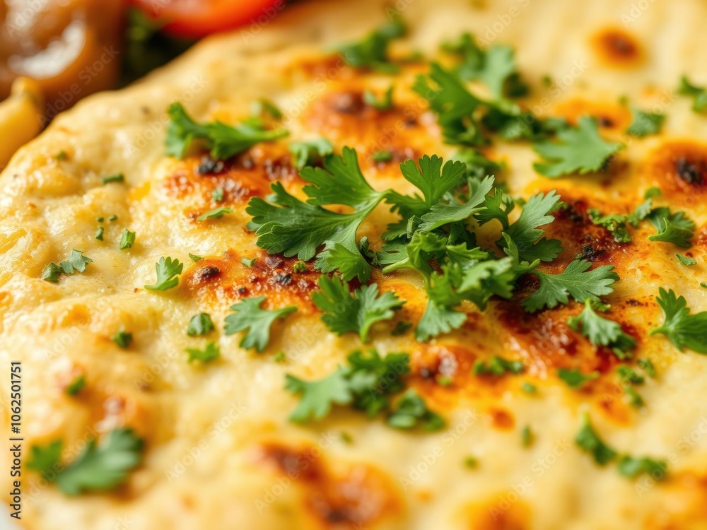 A close-up shot of a delicious Turkish lahmacun topped with fresh parsley and served with traditional side dishes, food, lunch A close-up shot of a delicious Turkish lahmacun topped with fresh parsley and served with traditional side dishes, food, lunch
