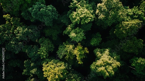 A stunning view from the forest floor, surrounded by tall, dense trees showcasing a vibrant palette of lush green colors. This image captures the essence of nature, with sunlight filtering