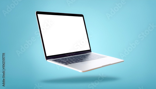 Laptop with bright white screen floating or flying isolated on light blue background