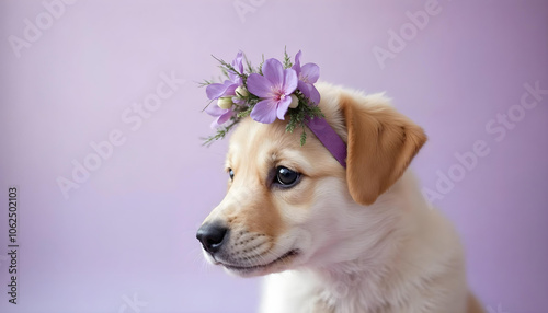 Cute Puppy with a stylish floral headband around its ears