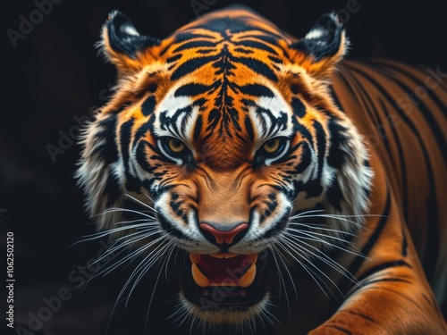 A striking image of a fierce tiger with vibrant colors set against a dark background, strength, wild