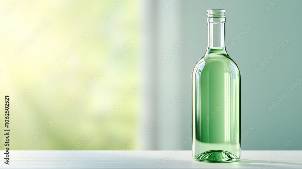 Green glass bottle on a white surface with a blurred natural background, AI Green glass bottle on a white surface with a blurred natural background, AI