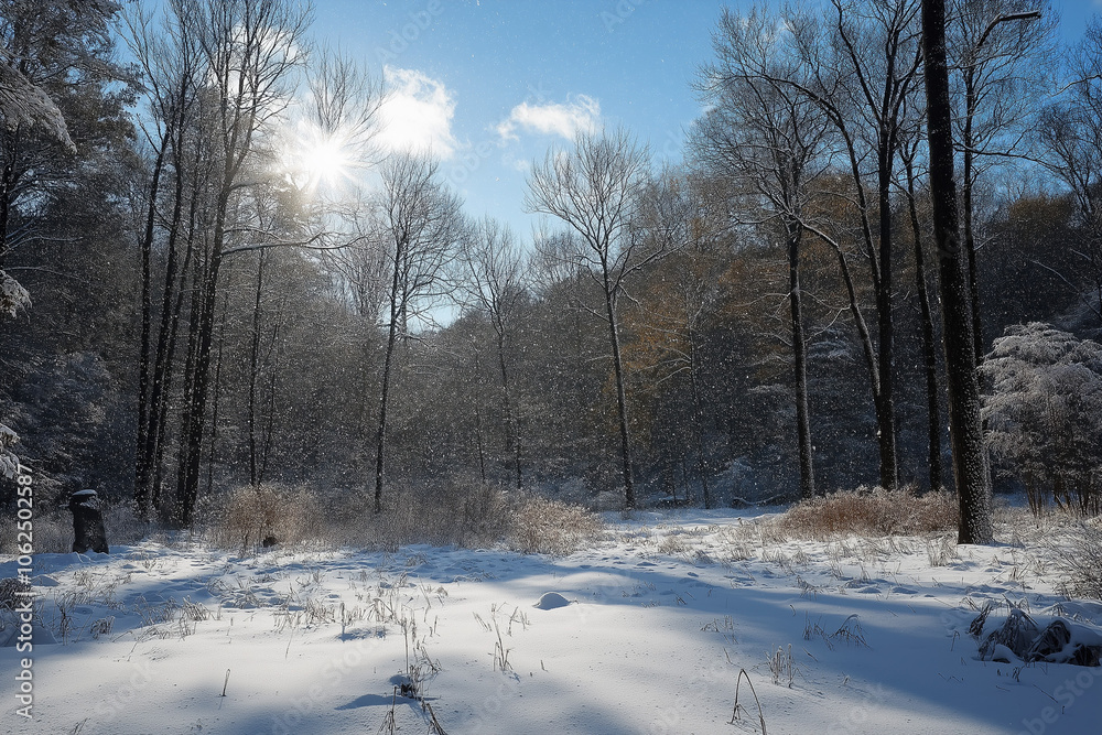 Fototapeta premium snowy winter daytime landscape with snowy trees and falling snow, generative AI