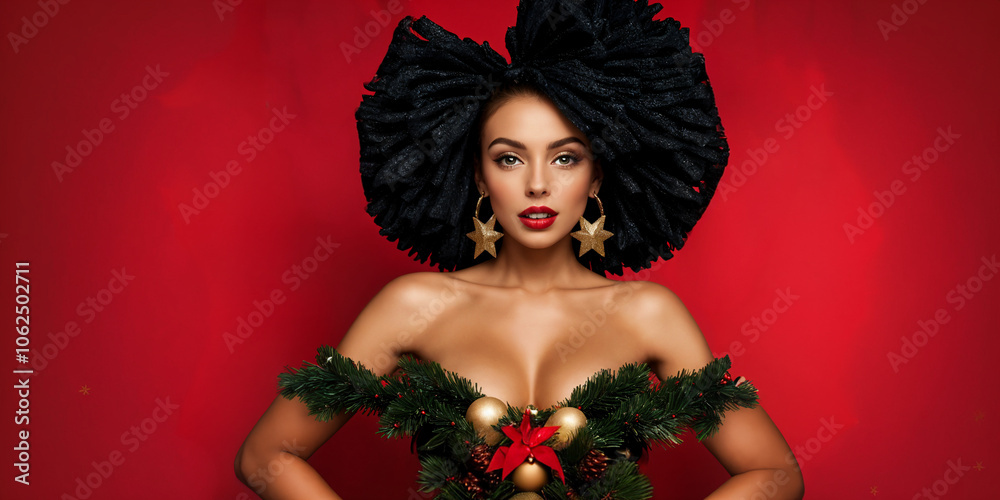 Festive holiday banner showcasing a confident girl in chic Christmas attire adorned with subtle holiday-themed accessories, setting a refined seasonal ambiance for sophisticated holiday projects Festive holiday banner showcasing a confident girl in chic Christmas attire adorned with subtle holiday-themed accessories, setting a refined seasonal ambiance for sophisticated holiday projects