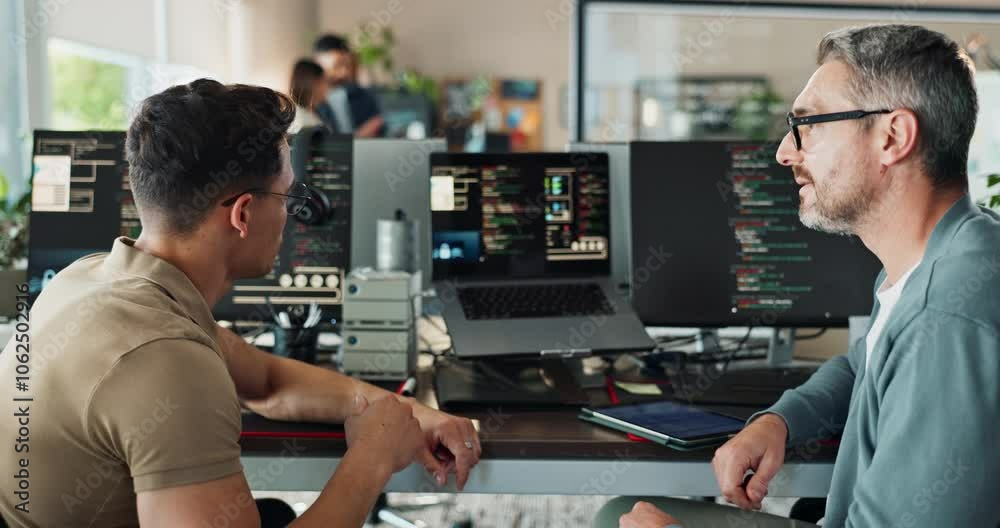Coding, collaboration and computer screen with business people in office working together. Conversation, discussion and programming with developer team reading machine language in workplace.