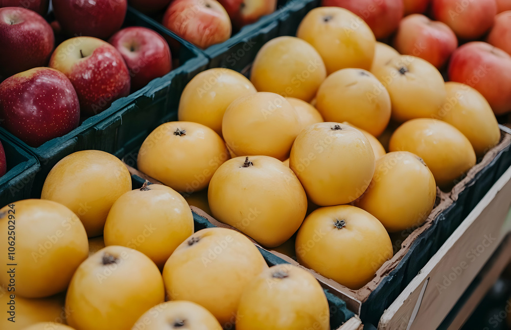 Close-up of yellow apples in a wooden crate at a market. Close-up of yellow apples in a wooden crate at a market.