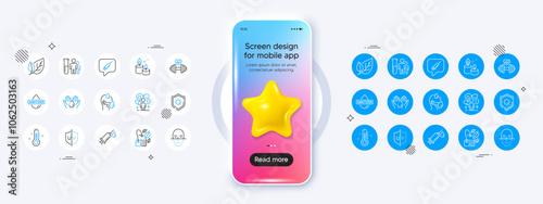 Sick man, Difficult stress and Hand sanitizer line icons. Phone mockup with 3d star icon. Pack of Face recognition, Dumbbell, Mint bag icon. Vector