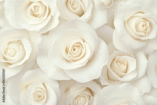 A close up of a bunch of white roses with dew on them. The roses are arranged in a way that they look like they are in a vase.