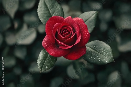 A red rose is the main focus of the image, with its petals glistening in the rain.