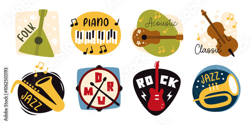 Music logo set with instruments for piano, rock, jazz, classic, folk, drum, acoustic performance