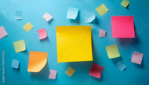 Post it notes floating or flying isolated on light blue background