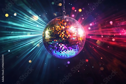 Dazzling disco ball suspended in a dark nightclub, refracting colorful light beams across the dance floor.
