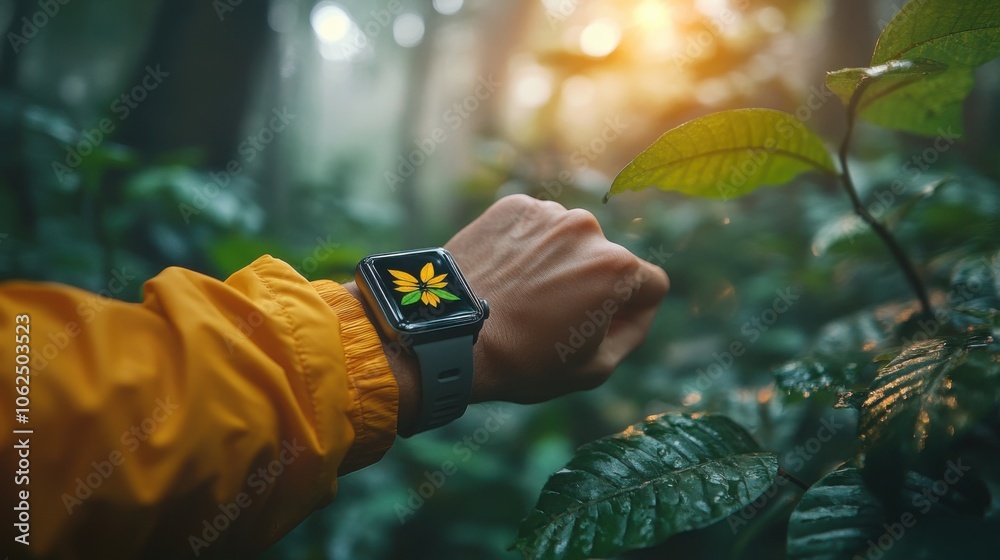 A hand wearing a smartwatch with a butterfly on the screen, in a forest, with sunlight shining through the trees. A hand wearing a smartwatch with a butterfly on the screen, in a forest, with sunlight shining through the trees.