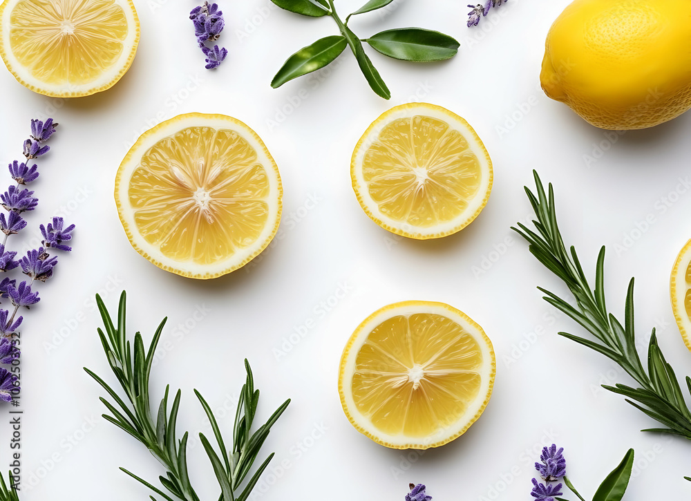 Flat lay of lemon slices, lavender, and rosemary sprigs on white background. Flat lay of lemon slices, lavender, and rosemary sprigs on white background.