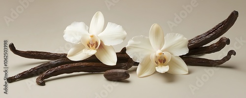 (Duplicate of 63) Delicate vanilla orchid in bloom, creamy petals unfurled beside aromatic vanilla pods.