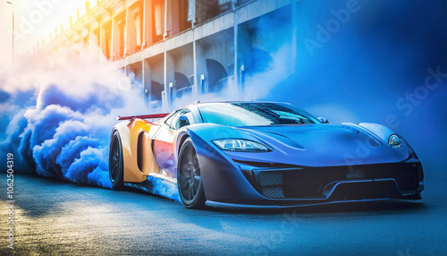 High-speed drift: luxury sports car in urban smoke