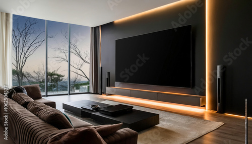 Contemporary living room interior with dark tones