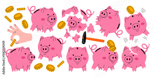 Whole and broken piggy bank for money saving, investment and credit deposit isolated cartoon set