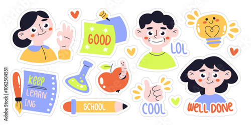 School stickers set with education accessories, funny schoolchildren characters, inspiration quote