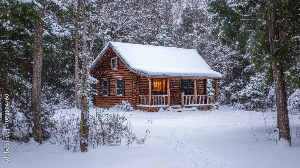 cozy cabin in woods, surrounded by fresh snow, offers serene winter escape. warm glow from windows invites you to enjoy peaceful landscape cozy cabin in woods, surrounded by fresh snow, offers serene winter escape. warm glow from windows invites you to enjoy peaceful landscape