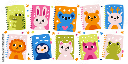 School supplies education notebooks with cute kawaii animals drawing on cover isolated set