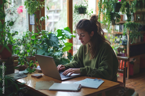 Woman sitting at table, engrossed on laptop screen. Blue coffee cup nearby. Background shows cozy home office setup with bookshelves and a potted plant.