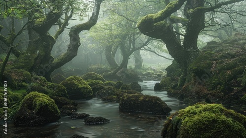 Ancient woodlands at Golitha Falls in Bodmin Moor, Cornwall photo