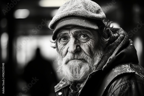 Portrait of an old homeless man in the city. Black and white.