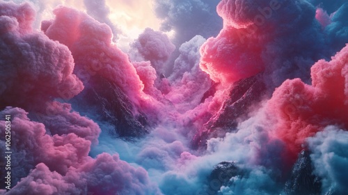 Pink and blue clouds form a dramatic landscape over mountain peaks, creating a breathtaking ethereal scene.