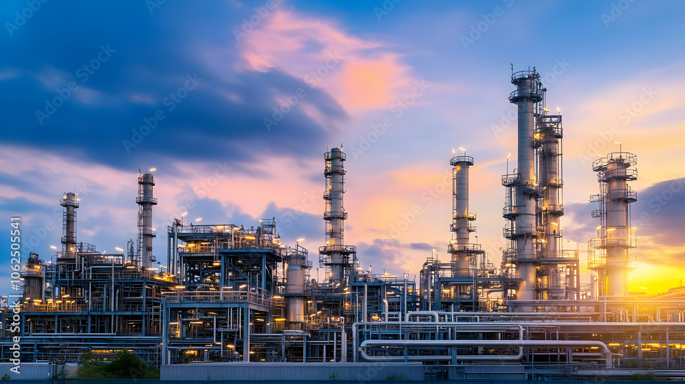 Industrial complex with tall structures against a colorful sunset sky. AI Image Industrial complex with tall structures against a colorful sunset sky. AI Image