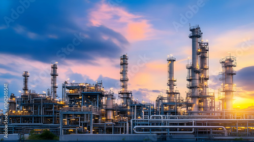 Industrial complex with tall structures against a colorful sunset sky. AI Image