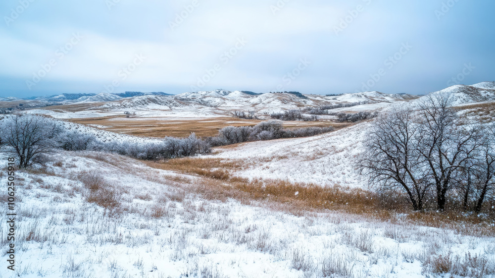 serene winter landscape featuring rolling hills covered in fresh snow, with bare trees dotting scene. quiet beauty of nature evokes sense of calm and tranquility serene winter landscape featuring rolling hills covered in fresh snow, with bare trees dotting scene. quiet beauty of nature evokes sense of calm and tranquility