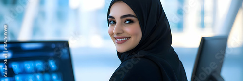 A woman in a hijab smiling at a computer in a modern workspace. AI Image photo