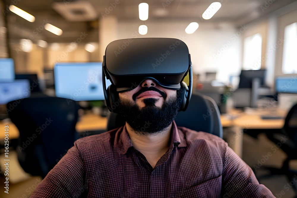 A person wearing a VR headset in an office setting, engaged in virtual reality experience. AI Image A person wearing a VR headset in an office setting, engaged in virtual reality experience. AI Image