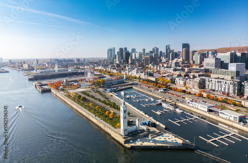 Aerial view of Montreal Old Port in autumn photo