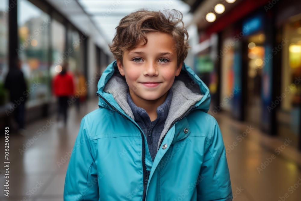 Portrait of a smiling boy in a blue jacket on the background of the shopping center Portrait of a smiling boy in a blue jacket on the background of the shopping center