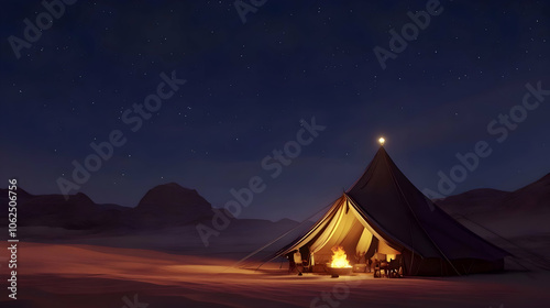 A cozy tent in a desert landscape, illuminated by fire under a starry night sky. AI Image