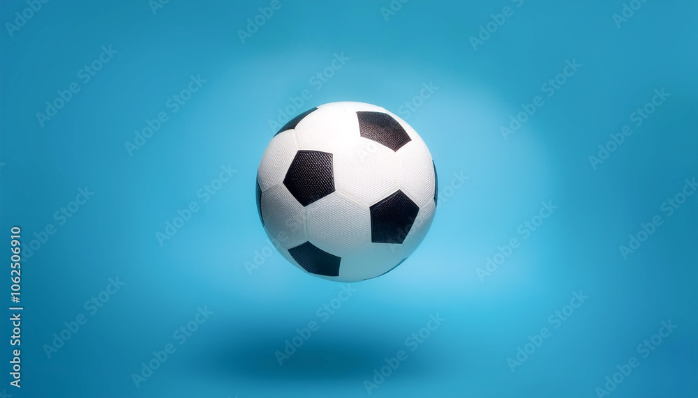 Naklejka premium White and black soccer ball floating or flying isolated on light blue background